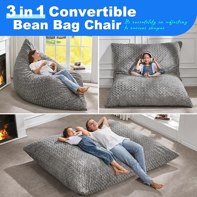 Hobestluk Adult Bean Bag Chair 3 in 1 Convertible Large Bean Bag Sofa | Chevron Plush Grey,Machine Washable,Removable Cover,Easy Convert And Install,Floor Bed,For Livingroom Bedroom - Image 4