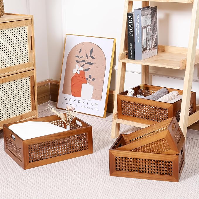 Rattan Wooden Box Set of 4 Handmade Decorative Storage Basket with Handles | Natural Bamboo Woven Storage Basket Rustic Farmhouse Decor Home Office Tabletop Shelf Drawer Closet Desk Organizer, Brown - Image 6