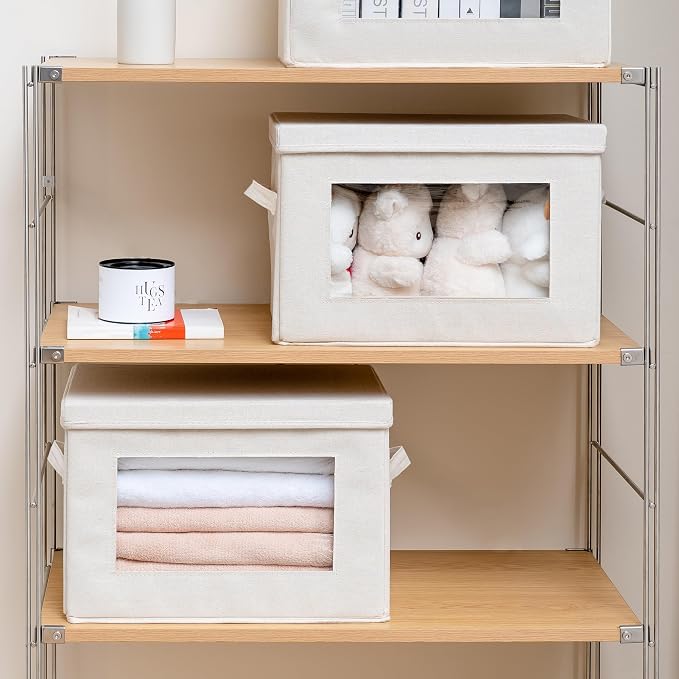4-Pack 15" Fabric Storage Bins with Lids, Closet Organizers and Storage Boxes with Clear Window, Foldable Clothes Baskets for Blankets, Beige - Image 6