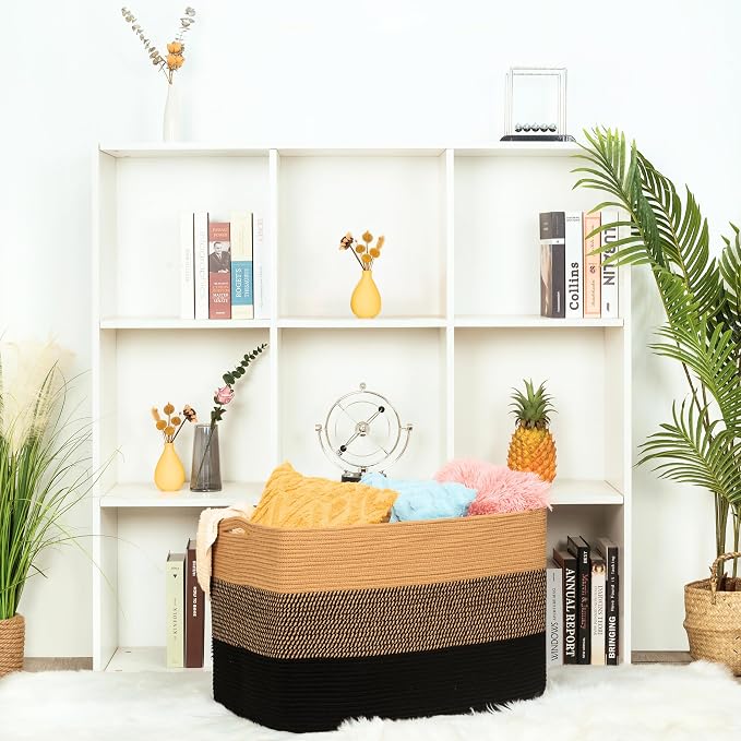 112L Extra Large Blanket Basket Holder Living Room, 25"x17"x16" Rectangle Rope Woven Storage Basket with Handles for Laundry, Pool Towels, Shoes, Dog Toy Organizer Bin Box, Black Jute - Image 5