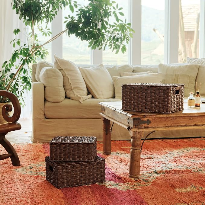 GRANNY SAYS Wicker Baskets with Lids, Decorative Storage Boxes with Lids | Woven Baskets with Lids, Wicker Baskets for Storage, Decorative Storage Boxes, Woven Stackable Basket with Lid, 3 Pack - Image 4