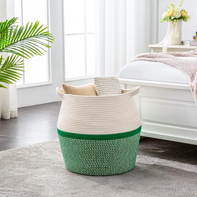 KAKAMAY Woven Baskets for Storage(17"x17"),Large Cotton Rope Woven Baby Laundry Hamper,Collapsible Laundry Basket, Blanket Basket for Organizing Living Room,Nursery,Pillows,Toy Chest(Green) - Image 7