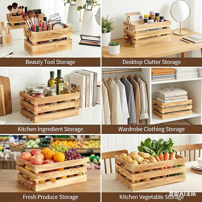 Set of 6 Decorative Wood Crates for Display, 6 Size Farmhouse Wooden Baskets Rustic Nesting Crates Decor Boxes with Handle for Storage, Container, Display, Christmas Decorations - Image 6