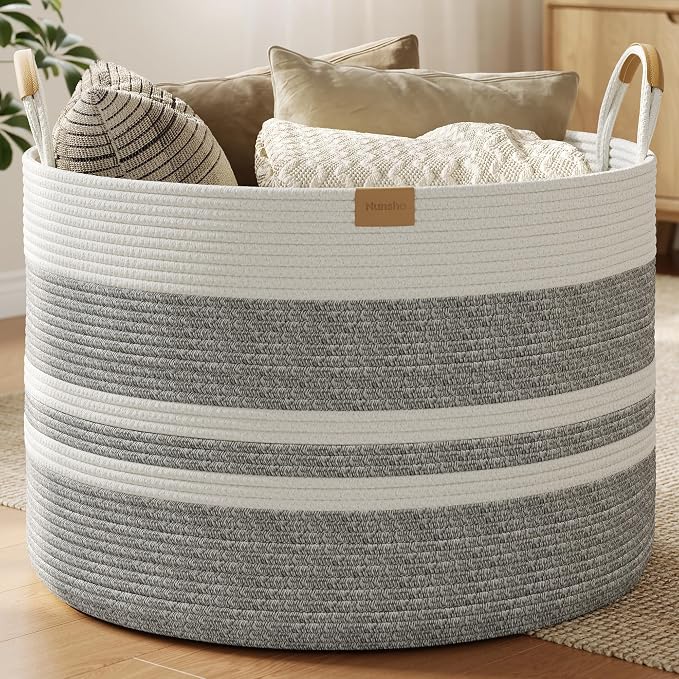 Nunsino 115L Woven Blanket Basket with Leather Handles, Cotton Rope Laundry Basket Hamper,Decorative Nursery Basket Toy Storage Basket for Kids, Living Room, Bedroom,Gray White Stripes by Nunsino