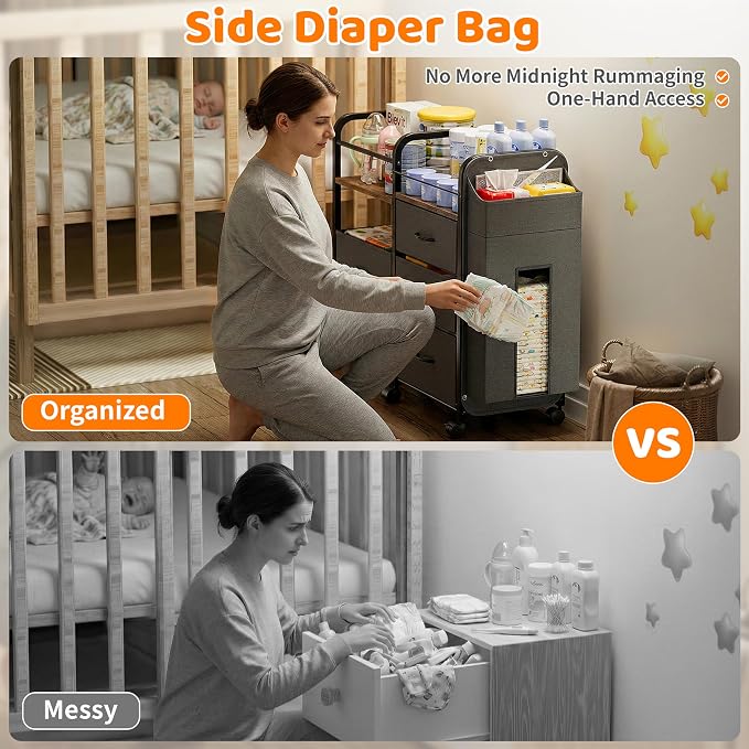 CODACE Baby Diaper Caddy Organizer Cart - Baby Organizers and Storage | Bedside Cart with Drawers & Side Storage, Nursery Essentials, 3 Tier Rolling Carts with Wheels for Bedroom, Easy to Assemble - Image 3