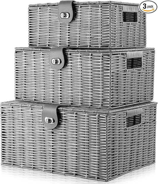 Set of 3 Woven Wicker Storage Basket Box with Lids & Lock, Built-in Carry Handles, Multifunctional Storage Organizer for Nursery, Baby, Clothes, Toys, Books, Large/Medium/Small Size (Grey) by Homepeaz