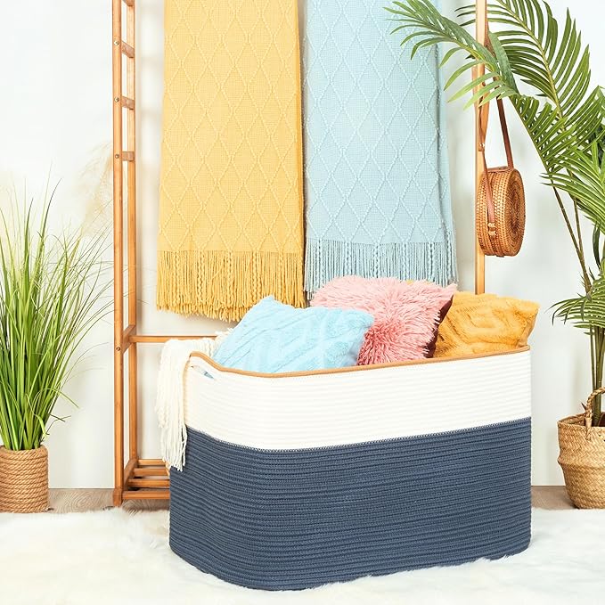 112L Extra Large Blanket Basket Holder Living Room, 25"x17"x16" Rectangle Rope Woven Storage Basket with Handles for Laundry, Towels, Shoes, Dog Toy Organizer Bin Box, Prussian Blue - Image 2