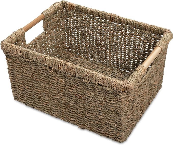 Large Wicker Storage Basket with Wooden Handles, Seagrass Basket for Shelves, Natural Wicker Bin With Handle for Storage 14.5 x 10.3 x 7.5 inches by VATIMA