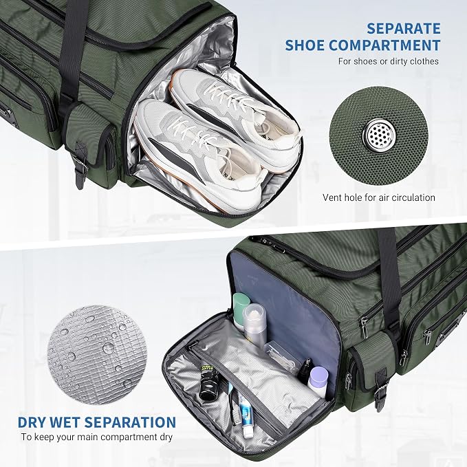 WITZMAN Duffle Bag for Men Large 54L Travel Duffel with Shoe Compartment | Water-resistant Nylon, Dry-wet Pocket, Fits 16" Laptop, Convertible for Gym, Weekender, Sports, Overnight, B717 Army Green - Image 4