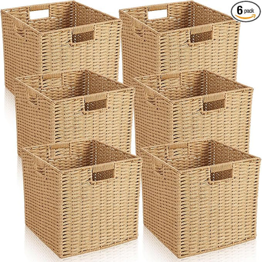 6 Pcs Wicker Storage Baskets 11.8 x 11.8 in Cube Storage Bin Organizer Camel Square Foldable Wicker Baskets for Shelves Organizing Decor Laundry Pantry Toys by Newtay