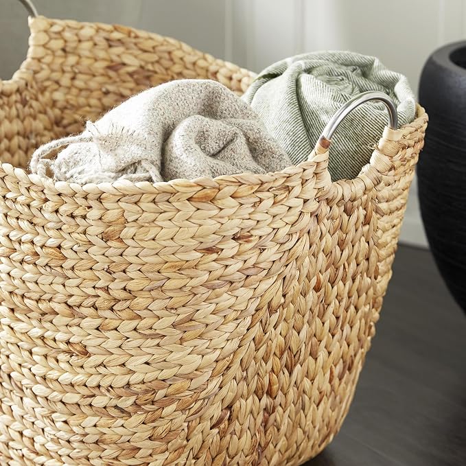 Deco 79 Seagrass Handmade Decorative and Functional Storage Basket Large Woven Basket Organizer with Ring Metal Handles, Basket for Storage 21" x 17" x 19", Brown - Image 5