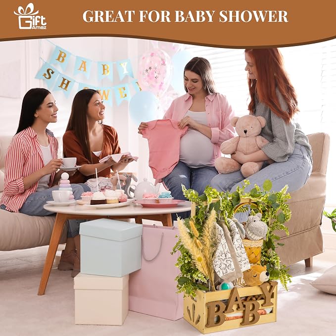 Wooden Baby Shower Crate Closet, Baby Storage Crate Hamper with Handle | Basket for Baby Shower Gifts, Welcome Gift Basket for Newborn Boys Girls, Pregnancy Gifts for New Parents - Image 2