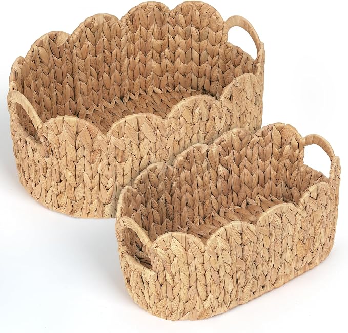 iEGrow Scalloped Wicker Basket, Set of 2 Hand-Woven Natural Rattan Baskets with Built-in Handles, Water Hyacinth Storage Oval Cute Baby Baskets for Nursery, Organizing, Decor and Shelves by iEGrow