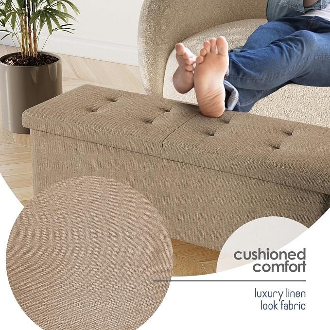Storage Ottoman Bench with Bins, 43-in Storage Bench for Bedroom End of Bed, Folding Foot Rest Ottoman for Living Room Max 660lbs, Fabric Ottomans, Taupe - Image 7