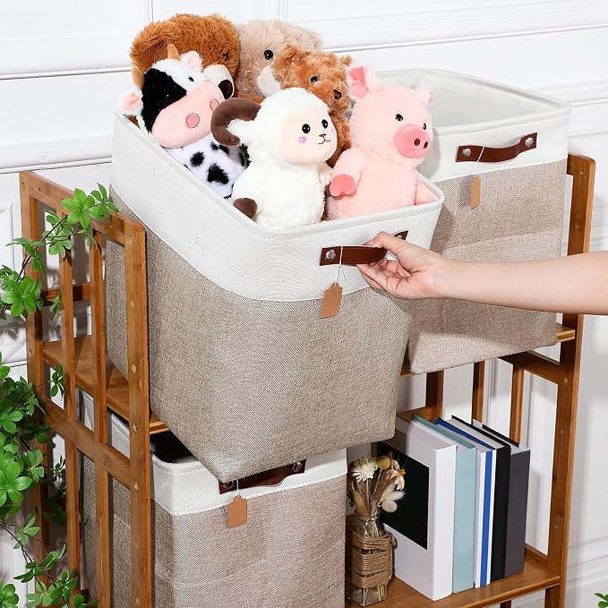 Uiifan 10 Pcs Collapsible Storage Bins Fabric Foldable Storage Basket with Handles Cloth Organizer Linen Shelf Baskets for Shelves Home Closet Nursery Toys(17 x 15 x 12 Inch,Beige and White) - Image 4