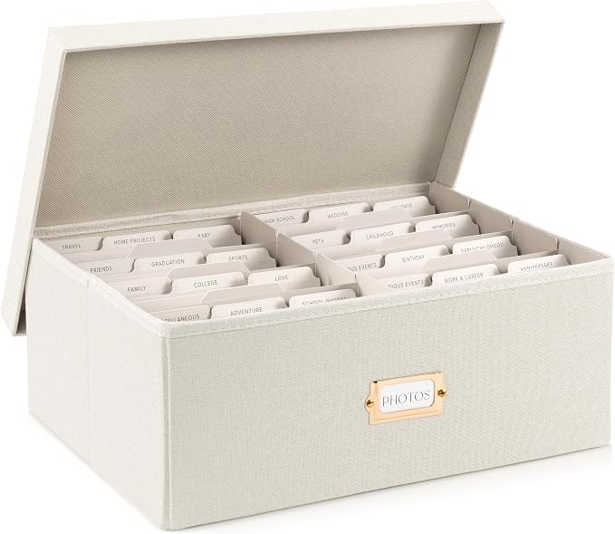 Decorative Photo Storage Box - Sturdy Linen Organizer Holds 1700 Photos | Organizer with Dividers Stores Up to 5x7 1700 Pictures - Portable Scrapbook Storage Containers with Lid by ZICOTO