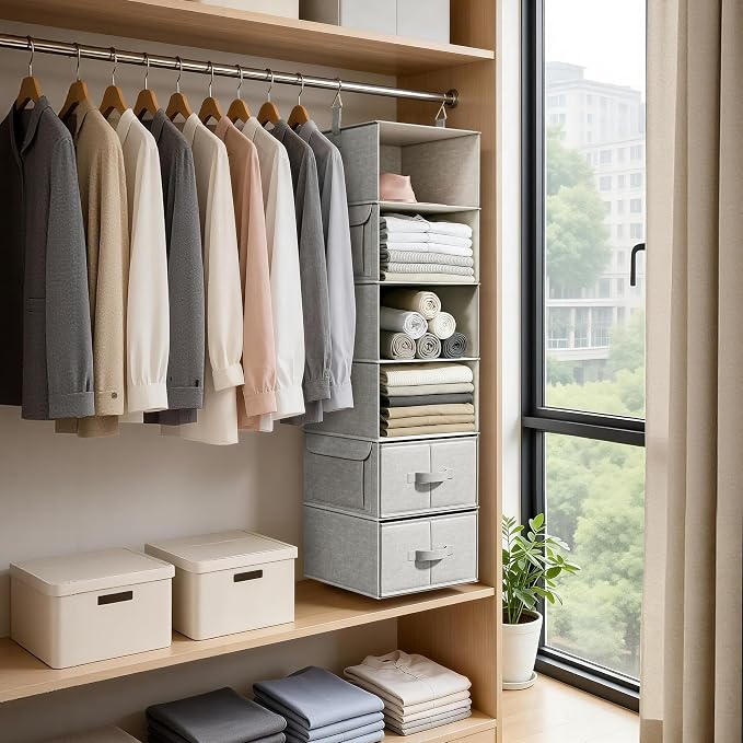 6-Shelf Hanging Closet Organizer with 3 Fabric Drawers, Silver Gray | Removable Fabric Drawers, Side Pockets, Reinforced Structure, Space-Saving Storage for Clothes, Nursery and Dorm Rooms - Image 7