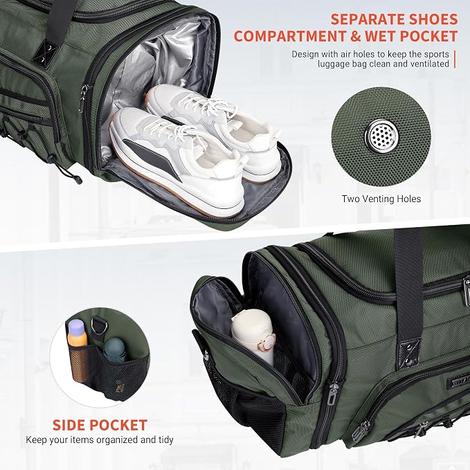 WITZMAN Mens Duffle Bag Expandable 50L Travel Gym with Shoe Compartment | Nylon, Large, With Dry-wet Pocket, Fits 16" Laptop, Carry-on Bag, For Sports Weekender Overnight, B695 Army Green - Image 5