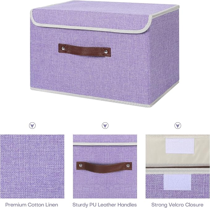 ANMINY Fabric Storage Box Bins with Lids, Purple, 15"x10"x10", 4 Pack | Keepsake Memory Storage, Cotton Linen, PP Board Reinforced, Washable, PU Handles, Foldable & Stackable, Decorative, Large - Image 3