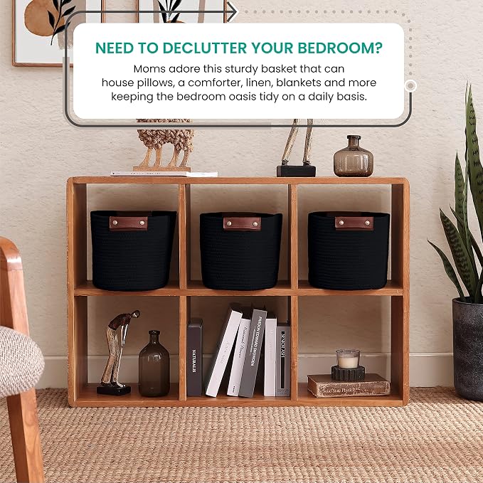 3 Pack Woven Cotton Rope Storage Basket, 15x10x9, Black | Faux Leather Handles; Decorative Closet Shelf Organizer; Ideal for Storage & Organization - Image 2