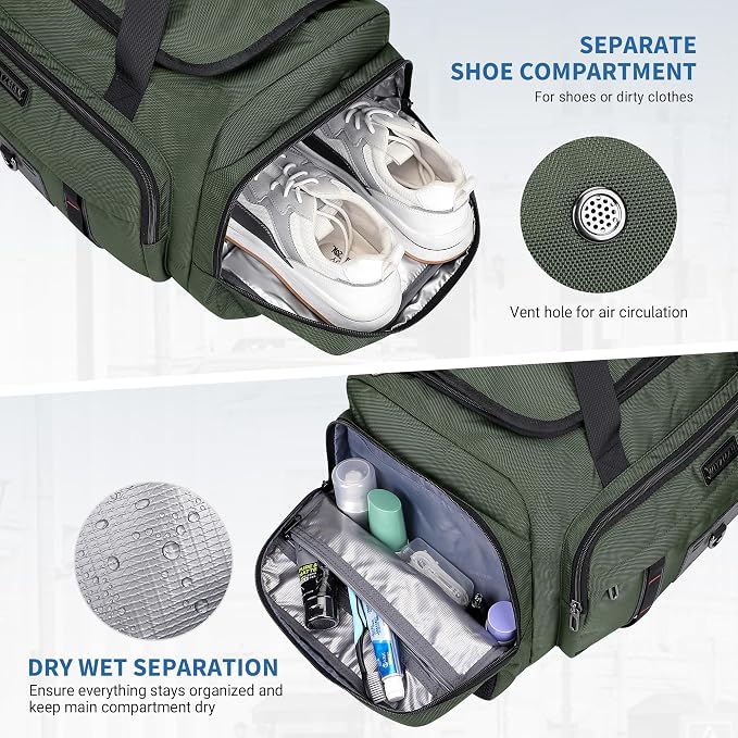 WITZMAN Duffle Bag for Men Large 49L Convertible Nylon Travel Sports Bag | With Shoe Compartment and Dry-wet Pocket, Fits 16" Laptop, Carry On, For Gym, Weekender, Overnight Trips, B719 Army Green - Image 4