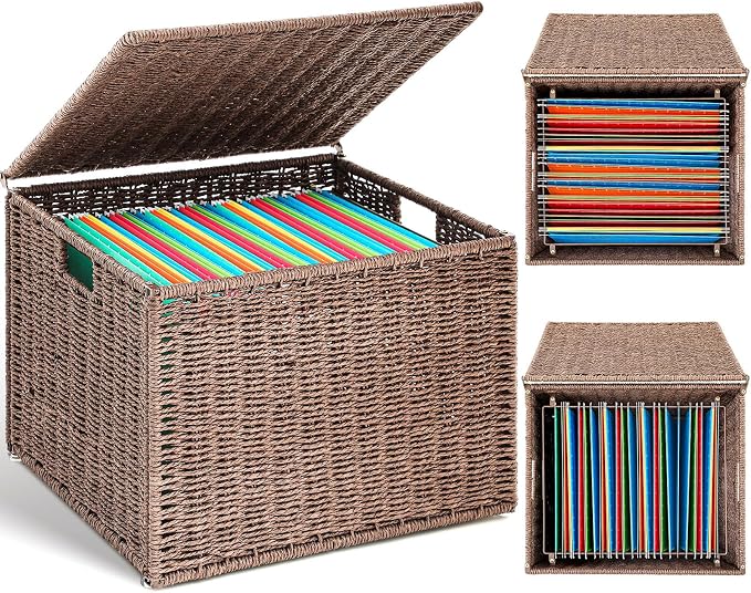 Cinnvoice Extra Large Decorative File Box 18 x 16 x 13 in Wicker Seagrass File Basket Organizer for Letter Legal Size Hand Woven Hanging Filing Cabinet with Lid for Office Paper Rope, Dark Brown by Cinnvoice