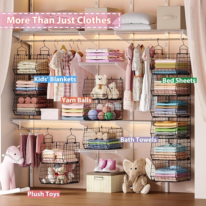 6-Tier Extended Depth Hanging Closet Organizers and Storage for Closet Organization, Stackable Hanging Shelves with Hooks for Clothes Sweaters Towels Purses, Fits Closet Shelves & Wire Metal Shelving - Image 7