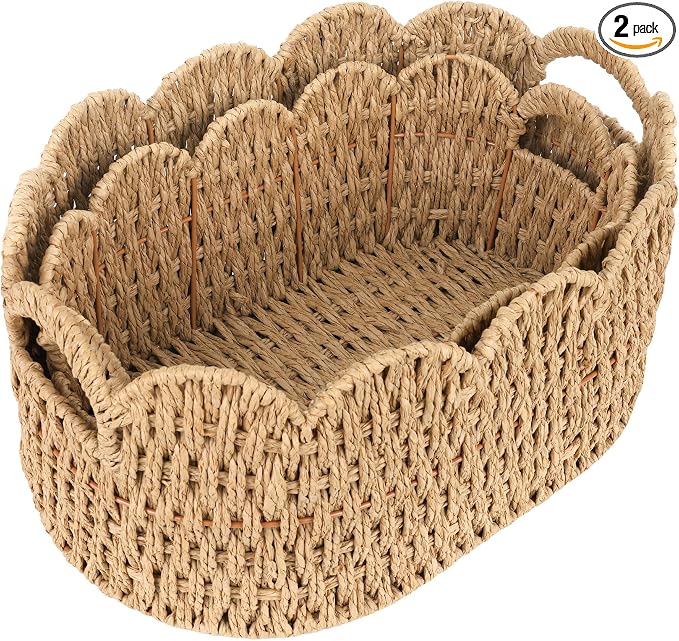 iEGrow Paper Rope Scalloped Basket, Set of 2 Woven Storage Wicker Baskets with Handle for Organizing and Shelves, Cute Boho Oval Baby Baskets for Decor, Towel, Toys, Nursery, Book, Gift Natural by iEGrow