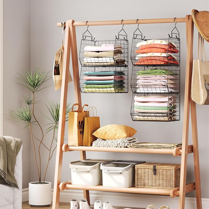 X-cosrack 5 Tier Closet Hanging Organizer, Clothes Hanging Shelves with 4 Hanging Hooks 5 S Hooks, Wire Storage Basket Bins, for Clothing Sweaters Shoes Handbags Clutches Accessories Patent Design - Image 7