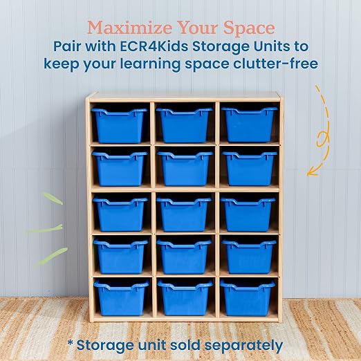 ECR4Kids Scoop Front Storage Bin, Multipurpose Organization, Blue, 15-Piece | Durable plastic, GREENGUARD Gold Certified, 1.2 gallon capacity, lightweight & nestable, built-in handle, classroom/home use - Image 5