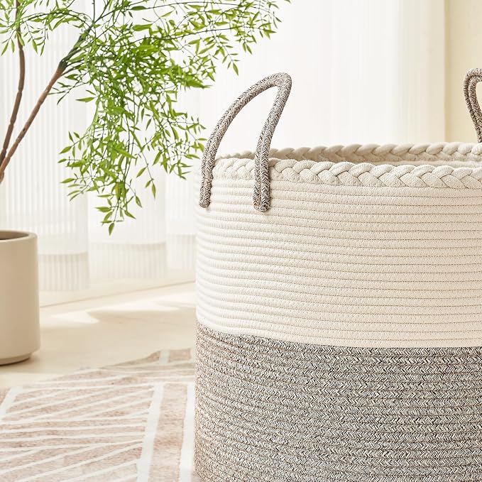 KAKAMAY Large Blanket Basket (18"x18"x16"),Woven Baby Laundry Hamper for Storage, Cotton Rope Blankets Baskets for Nursery, Laundry, Living Room, Pillows, Baby Toy chest with Handles (White/Beige) - Image 2