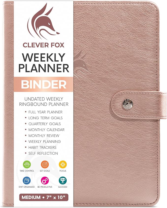 Clever Fox Weekly Planner Binder, Undated Daily A5 Eco Leather Rose Gold | 7 x 10 in with A5 pages, mini 3 ring portfolio organizer, work time manager, day runner, agenda book with monthly calendars by CleverFox