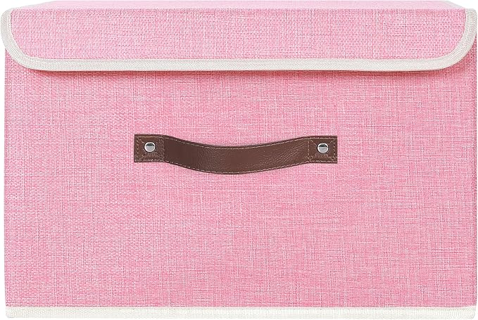 ANMINY Fabric Storage Box Bins with Lids, Pink, 15"x10"x10" | Keepsake Memory Storage, Cotton Linen, PP Board Reinforced, Washable, PU Handles, Foldable & Stackable, Decorative, Large - Image 2