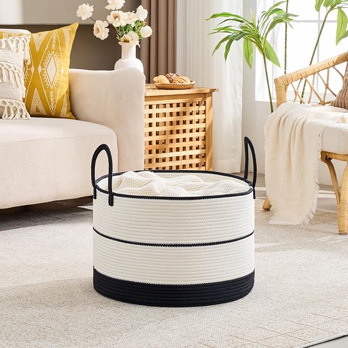 KAKAMAY Large Blanket Basket with Handles, Storage Basket for Living Room | Extra Large Capacity | Natural Cotton Rope | Blanket Storage | Woven Storage Basket | Stuffed Animal Storage | Laundry Basket - Image 4