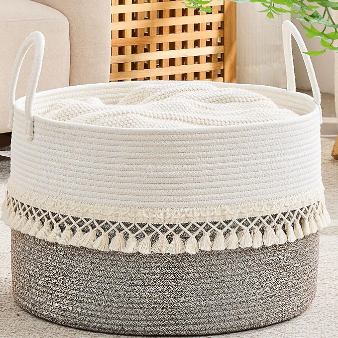 KAKAMAY Large Blanket Basket with Handles, Storage Basket for Living Room | Extra Large Capacity | Natural Cotton Rope | Blanket Storage | Woven Storage Basket | Stuffed Animal Storage | Laundry Basket by KAKAMAY