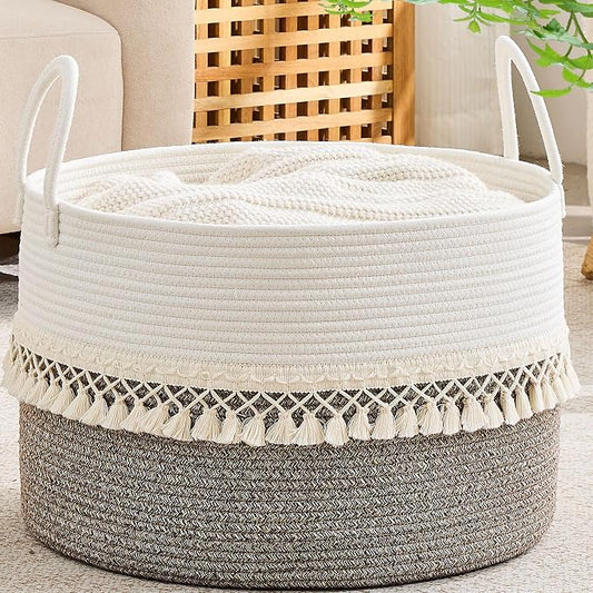 KAKAMAY Large Blanket Basket with Handles, Storage Basket for Living Room | Extra Large Capacity | Natural Cotton Rope | Blanket Storage | Woven Storage Basket | Stuffed Animal Storage | Laundry Basket by KAKAMAY