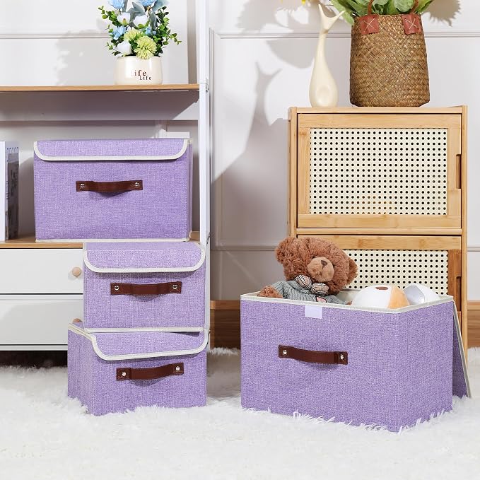 ANMINY Fabric Storage Box Bins with Lids, Purple, 13"x9"x7.9" | Keepsake Memory Storage, Cotton Linen, PP Board Reinforced, Washable, PU Handles, Foldable & Stackable, Decorative, Medium - Image 7