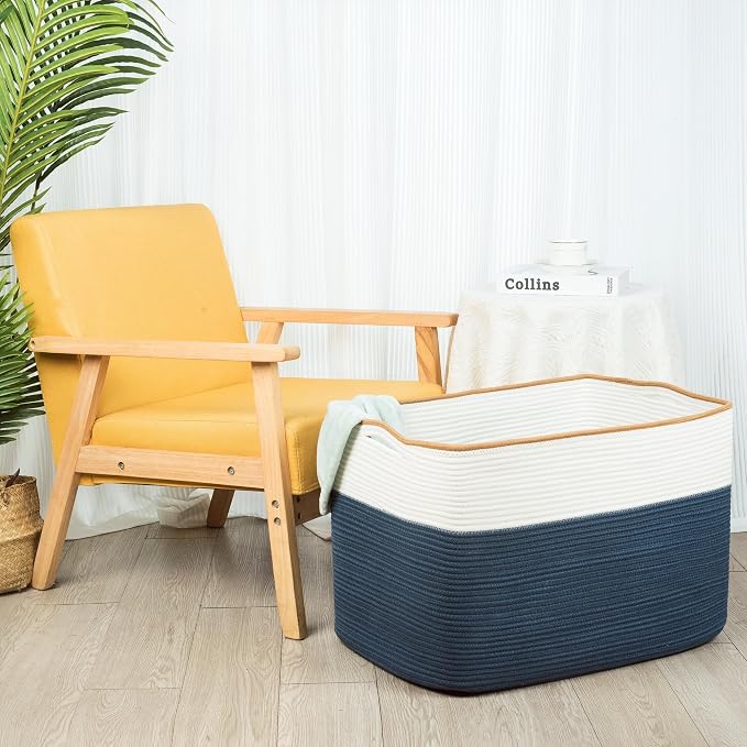 112L Extra Large Blanket Basket Holder Living Room, 25"x17"x16" Rectangle Rope Woven Storage Basket with Handles for Laundry, Towels, Shoes, Dog Toy Organizer Bin Box, Prussian Blue - Image 3