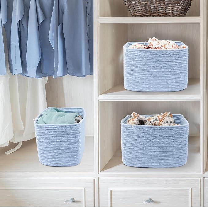 XUANGUO Woven Cotton Rope Storage Baskets 15x10x9.3" 3 Pack Light Blue | Decorative rectangular storage baskets for shelves and closets; storage bins organize clothes, toys, books and nursery items. - Image 5