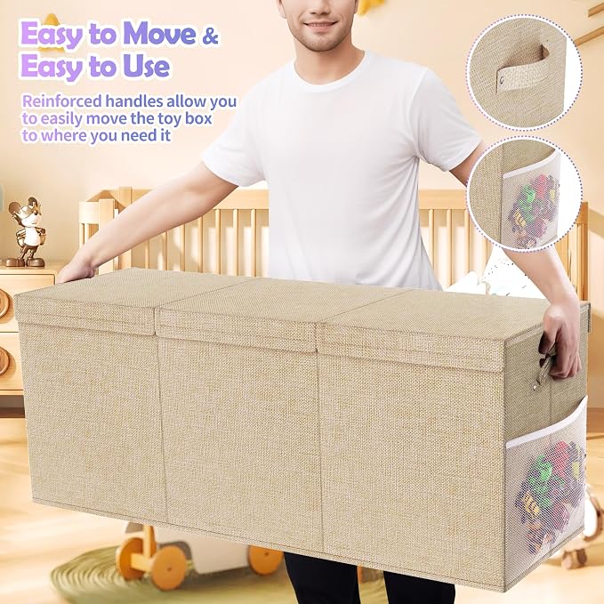 Extra Large Toy Box, Collapsible Toy Storage Organizer, 40"x16"x16", Beige | Sturdy Kids Toys Bin Chest with 2 Mesh Pockets and Dividers for Boys Girls, Bedroom & Living room Toy Organization - Image 5