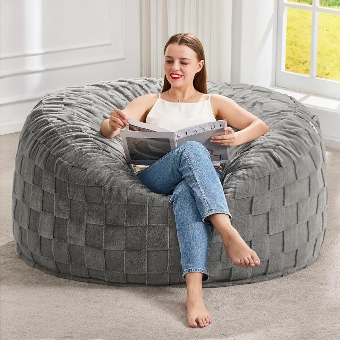 Hobestluk Adults Bean Bag Chair 4FT Big BeanBag Chair Extra Large Oversized | Memory Foam,Washable Cover,Unique Fluffy Plaid,Comfy Adult Bean Bag with Filler Gaming Reading Bedroom Living Room | Grey 4FT by YourHomeDeservesMore