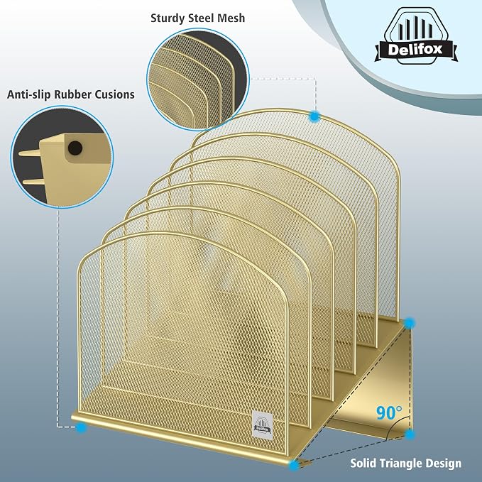 Delifox Inclined Desk File Organizer,Vertical File Folder Holder Stand Metal Rack File Sorter for Office Classroom Desktop Organization (2, Gold, 5) - Image 3