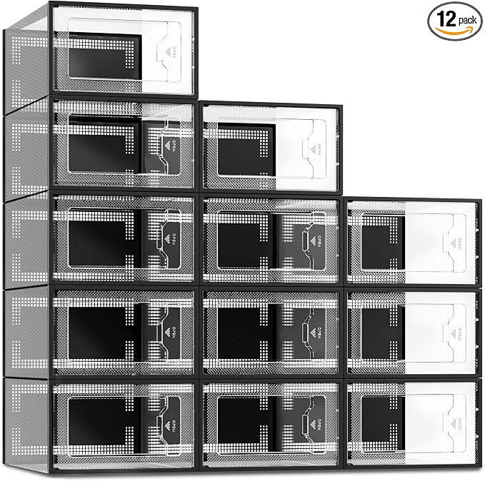 12 Pack Shoe Storage Box, Clear Plastic Stackable Shoe Organizer for Closet, Space Saving Shoe Rack for Entryway Sneaker Container Bin Holder (Black) by SEESPRING