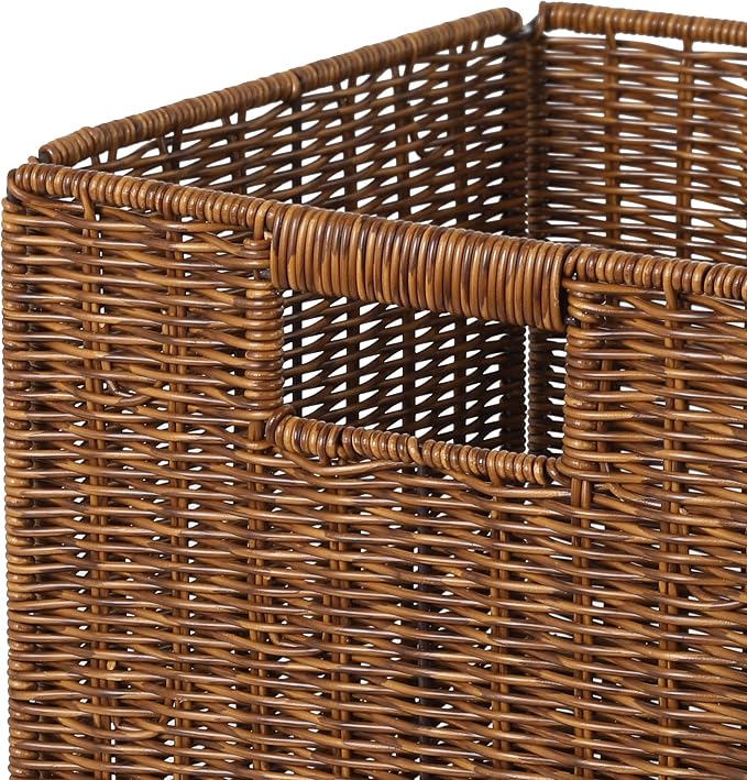 11X11X11in Brown Plastic Wicker Storage Basket, Foldable Cube Woven Storage Basket for Shelves, 11x11 Cube Storage Bins Set of 3, Wicker Storage Baskets for Laundry Nursery Room - Image 3