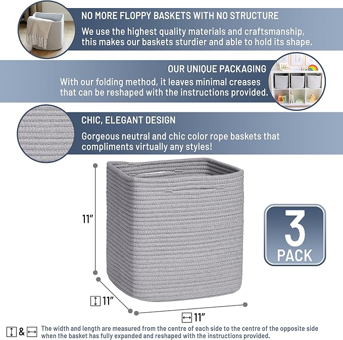 NaturalCozy Storage Cubes 11 Inch Cotton Rope Woven Baskets for Organizing, 3-Pack | Cube Storage Bin | Square Storage Baskets for Shelves Organizer, Classroom, Kids Toy Bins, Closet, Baby Nursery - Image 2