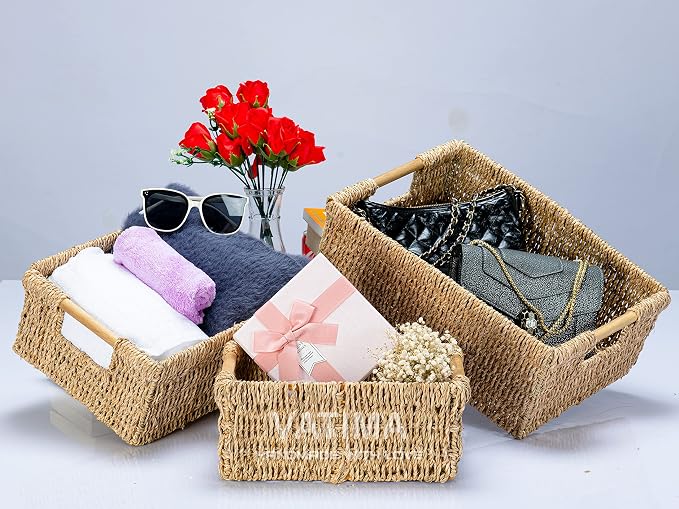 VATIMA Seagrass Baskets with Wooden Handles, Set of 3 Decorative Natural Wicker Baskets for Kitchen - Image 7
