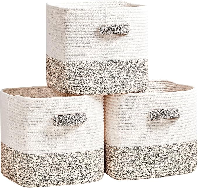 R RUNKA Storage Cube Baskets 3-Pack - 11 inch Square Baskets, Closet & Shelves Organizers - Woven & Drawer Storage - Ideal for Toys | White & Beige by RRUNKA