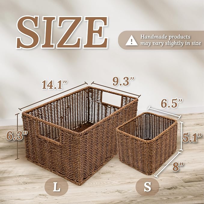 WeeNest Wicker Basket with Handle, Shelf Baskets for Organizing, Woven Organization Storage with Handles, Resin Wicker Set of 3, Toffee - Image 4
