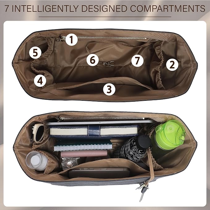 Purse Organizer Insert for Longchamp Le Pliage Large, Black Brown | 6-Compartment Bag Organizer with YKK Zipper Pocket, Cup Holder, Key Chain, Waterproof DupontPaper Lightweight Handbag Shaper - Image 4