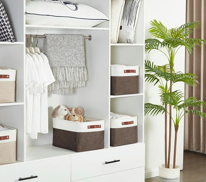 DECOMOMO Storage Bins, Large Fabric Storage Baskets for Shelves 4 Pack | 15 x 11 x 9.5 inches Decorative Linen Closet Organizers (Brown & White) - Image 8